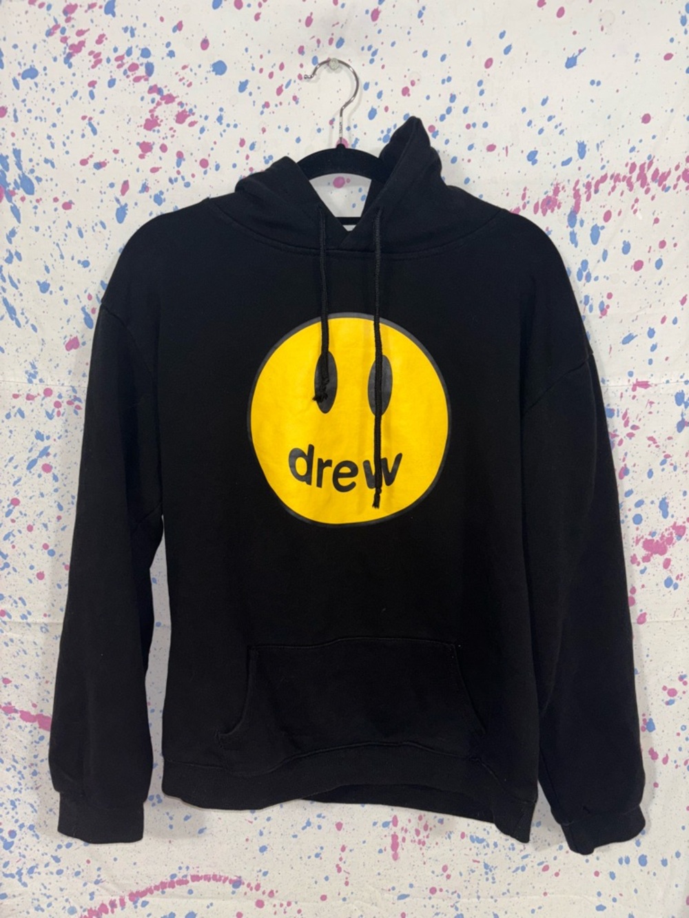 drew house Black Hoodie with Yellow Smiley Graphic